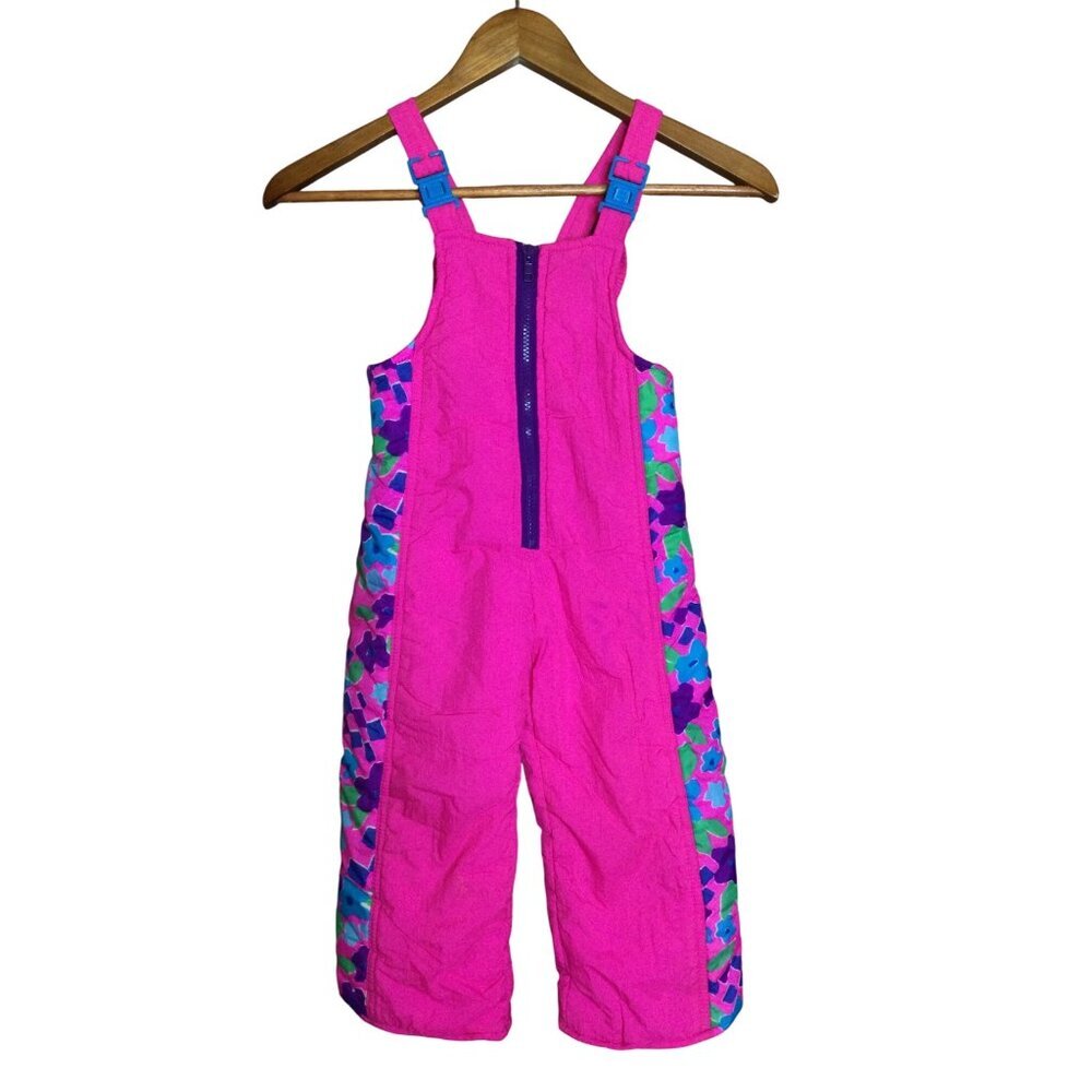 Vintage Too Cool Pink & Multicolor Toddler Snow Bib Overalls Size 3T Adjustable